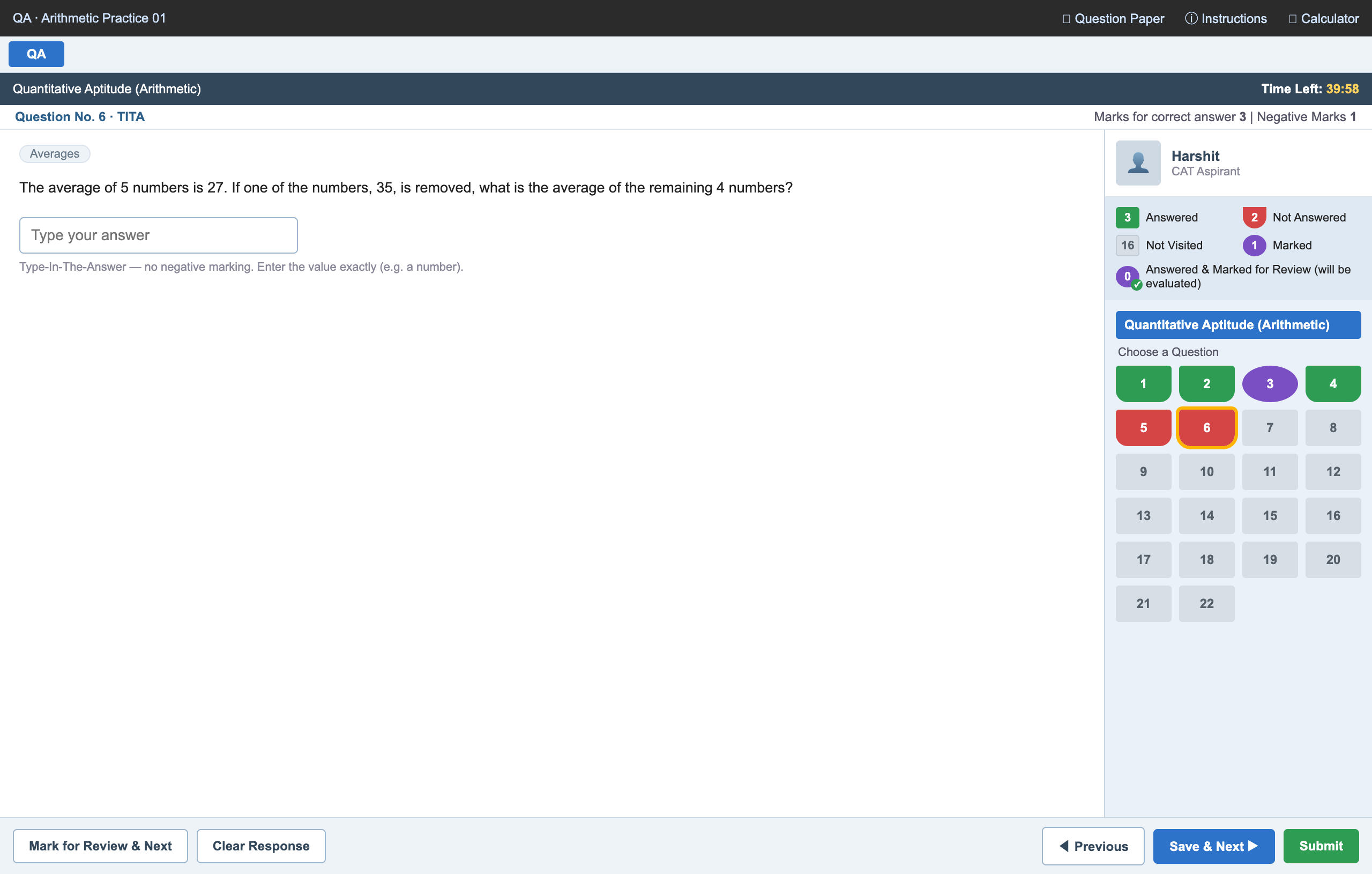 The CATalyst CAT exam interface — timer, question and palette